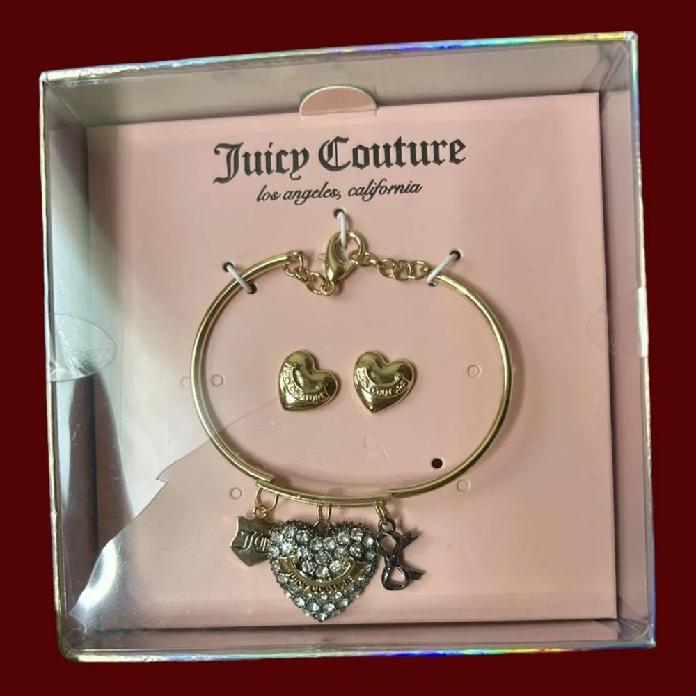 Juicy Couture Gold Heart Charm Bracelet and Earrings Set